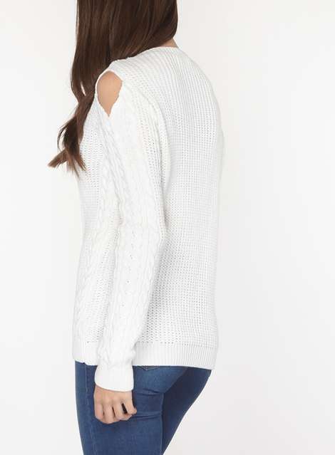 Tall Ivory Cable Cold Shoulder Jumper